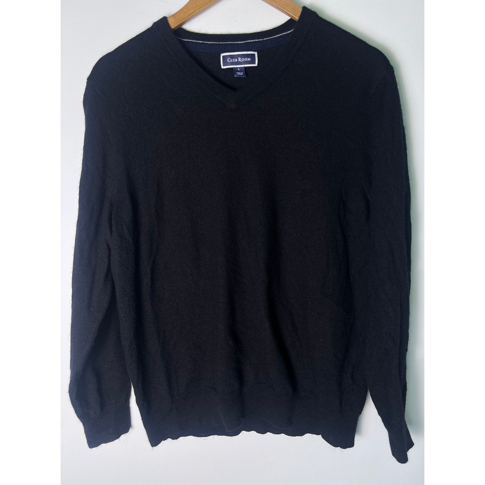 Club Room V-Neck Sweater Men LG Black Merino Wool Blend Long Sleeve Solid Basic